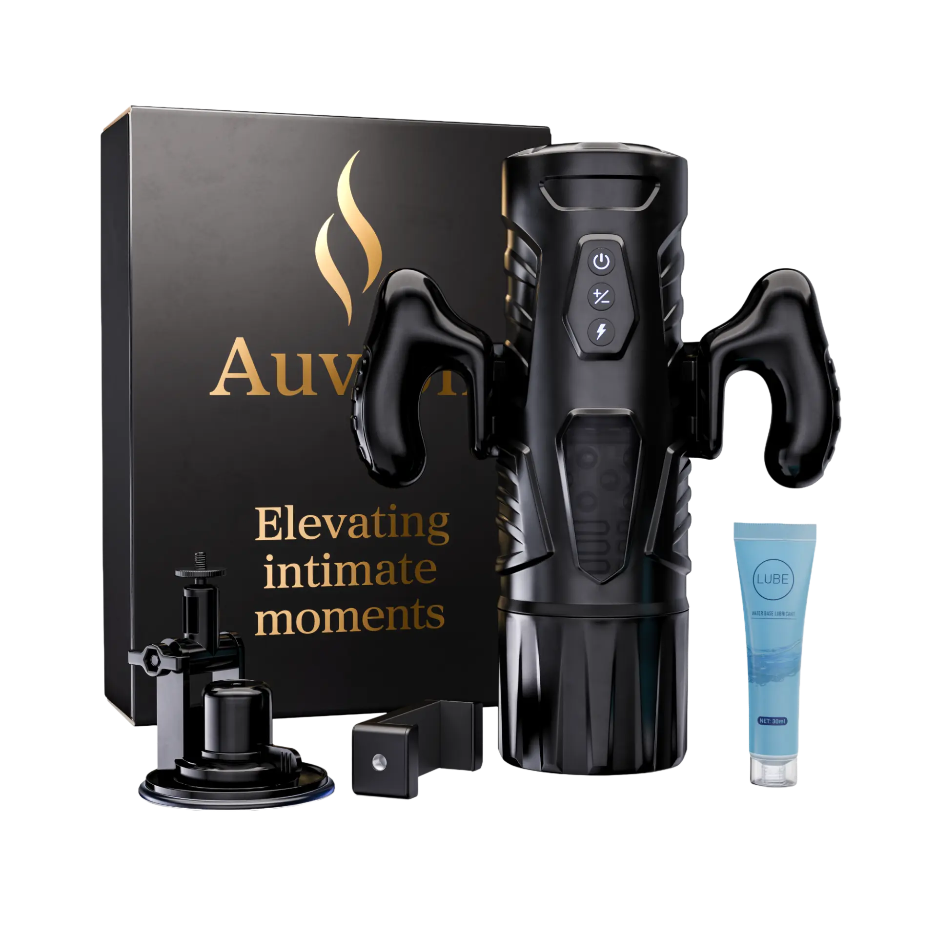 Auvion automatic stroker with its retail box, suction base, phone mount and water-based lubricant